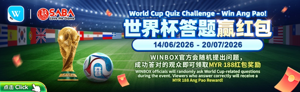 Winbox x SABA World Cup Quiz Challenge banner — answer correctly to win MYR 188 Ang Pao reward, promotion 14/06/2026–20/07/2026, FIFA trophy and red packet visuals.